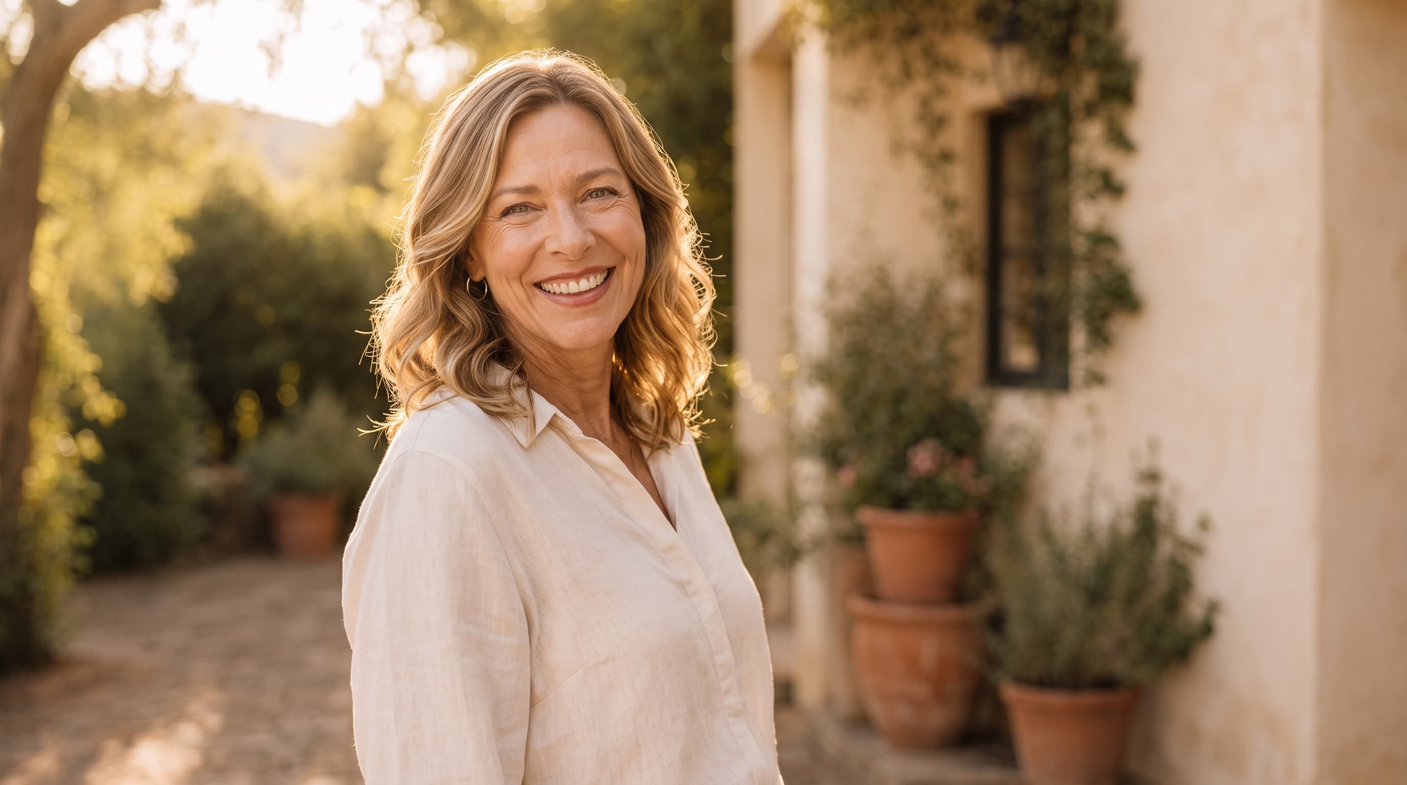 Smiling Solaya MD patient in a sunlit courtyard