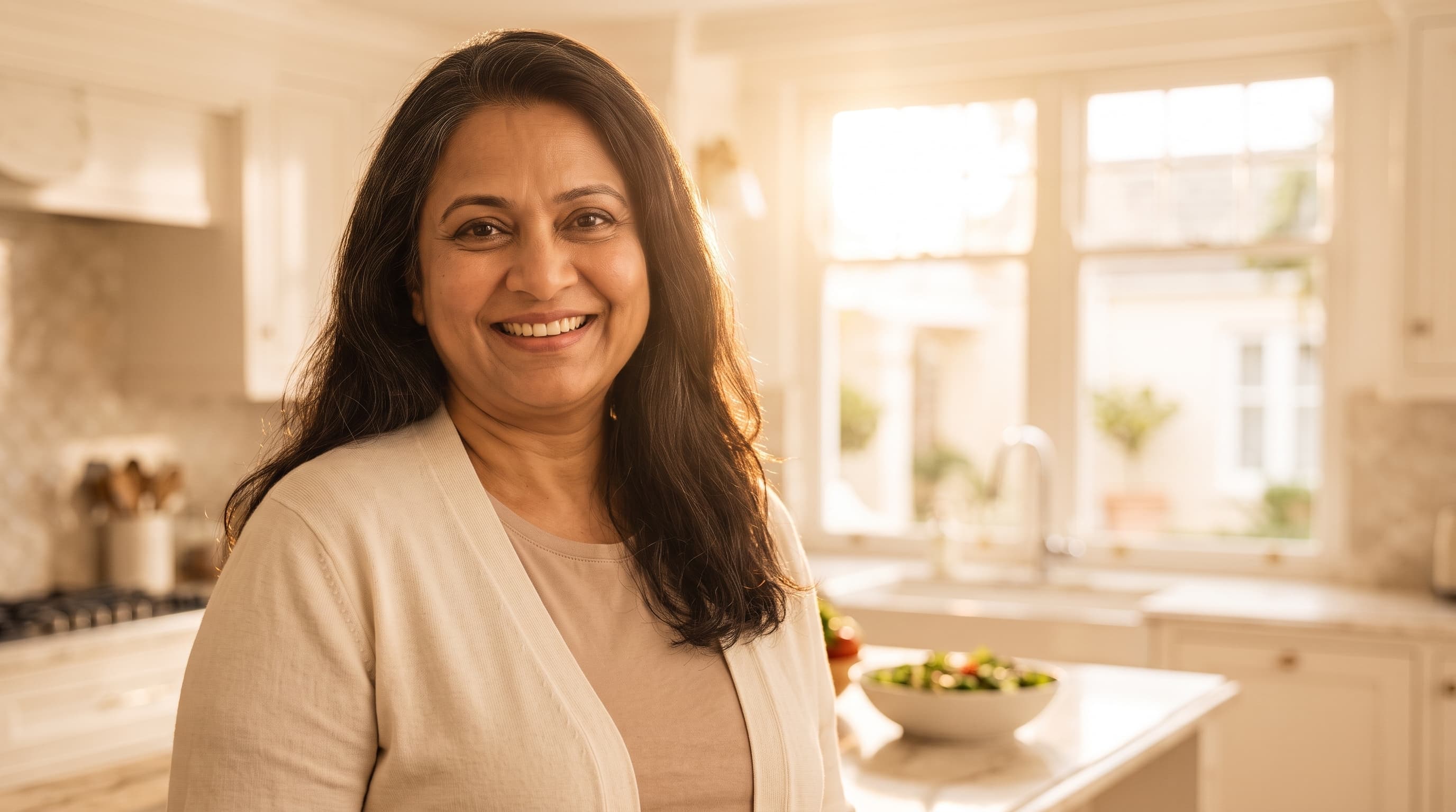 Smiling Solaya MD patient in a bright kitchen