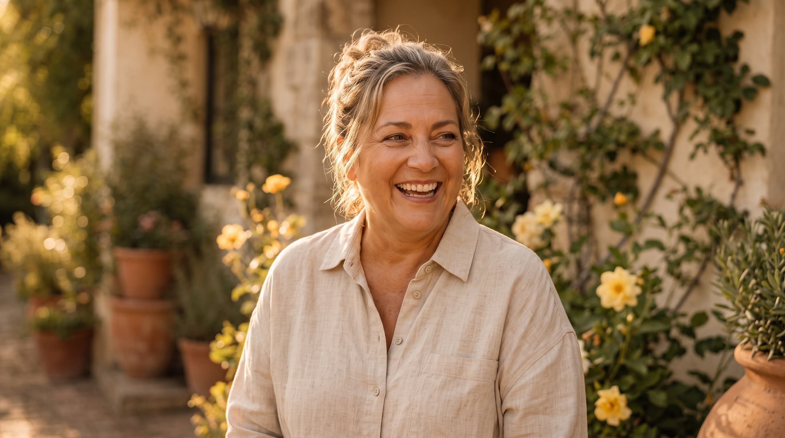 Joyful Solaya MD patient in a sunlit garden